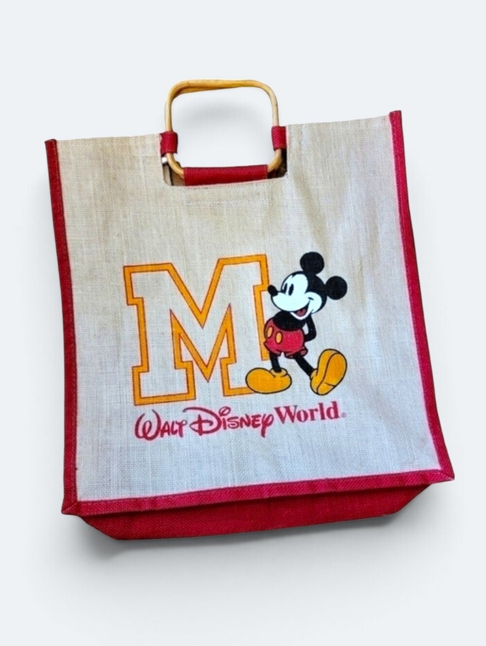 Vintage Walt Disney World Mickey Mouse Burlap Jute Tote Bag Wood Handles Retro